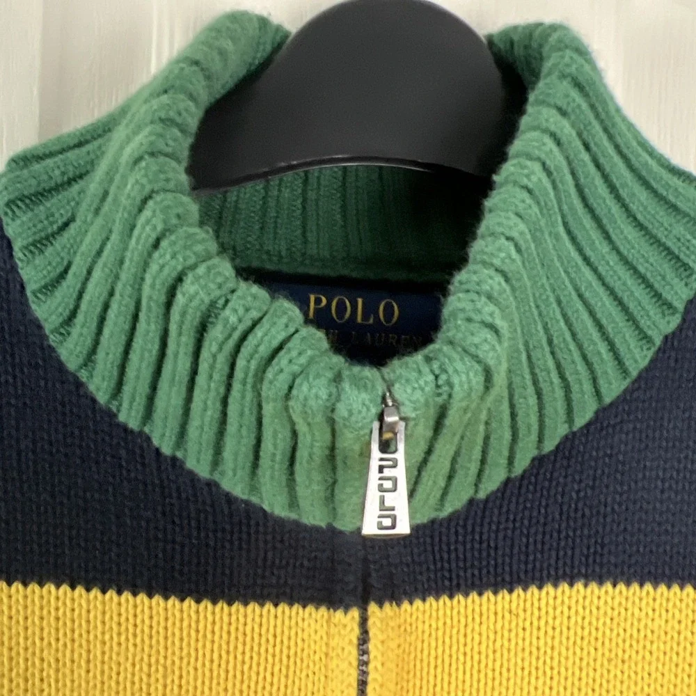 Polo Ralph Lauren Quarter Zip Sweater Boys XL Navy Yellow‎ Green Striped A33